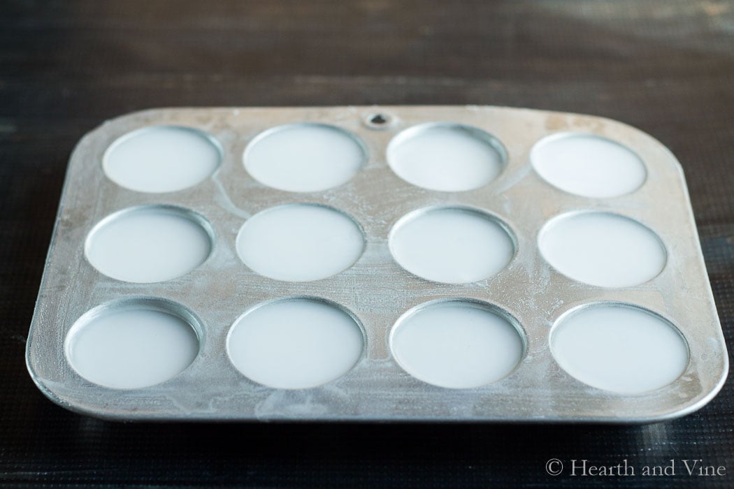 Eucalyptus oil shower steamers in muffin tin.