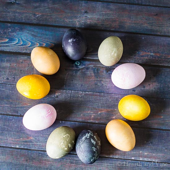 Natural Easter egg dyed eggs in a circle.