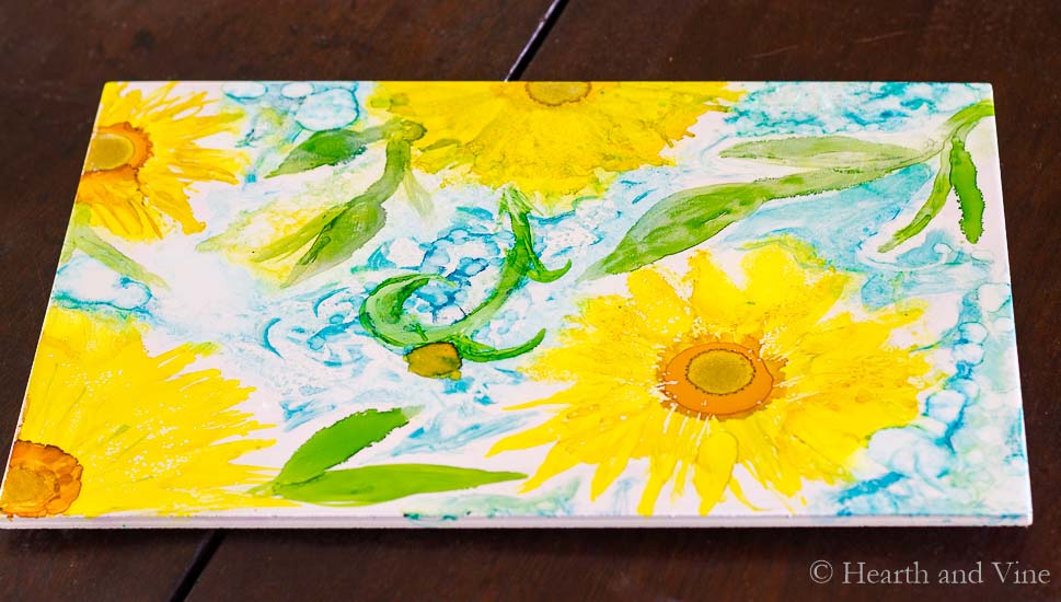 Alcohol ink trivet with sunflowers