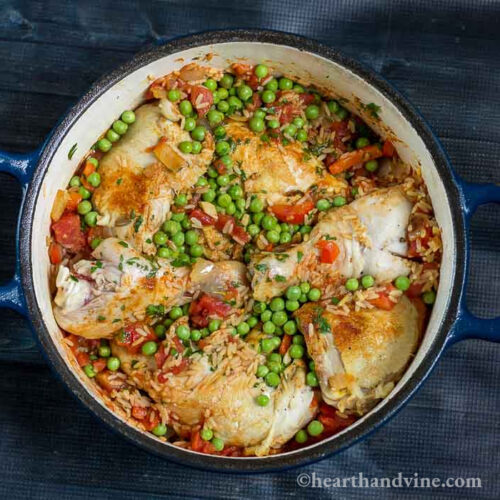 Arroz con pollo in a Dutch oven.