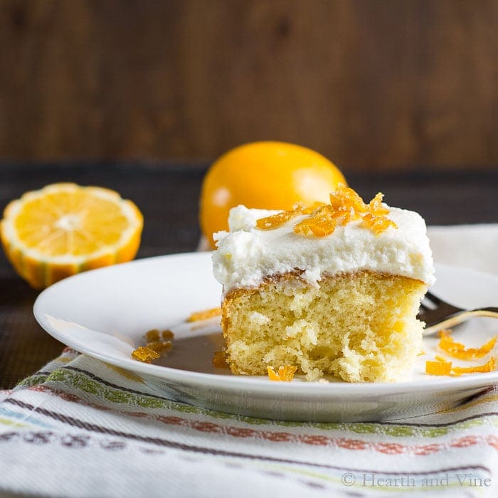 Meyer lemon cake slice on a plate