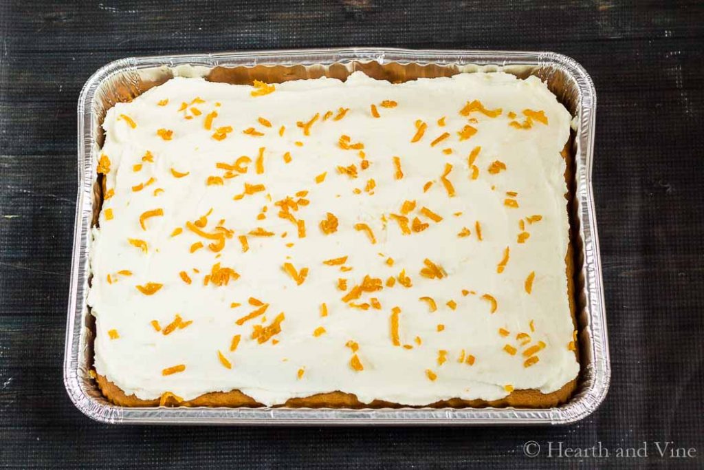 Meyer Lemon Sheet Cake in an aluminum pan.