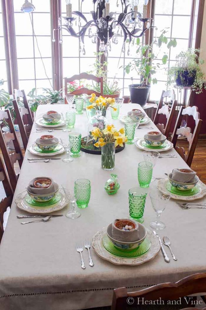 Full view of spring tablescape from above.