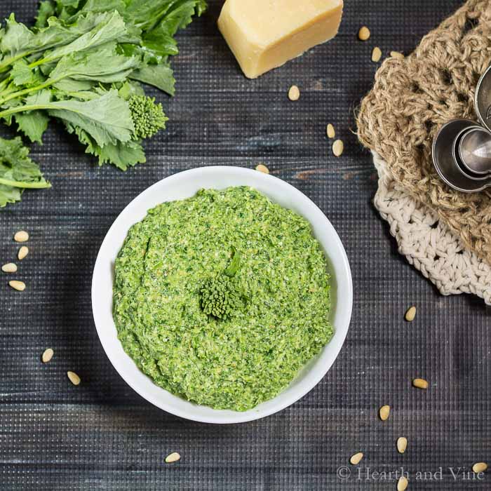 Bowl of broccoli rabe pesto from above