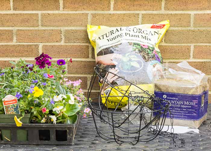 Hanging Moss planter supplies, annual flowers, plastic hanging baskets, sphagnum moss.