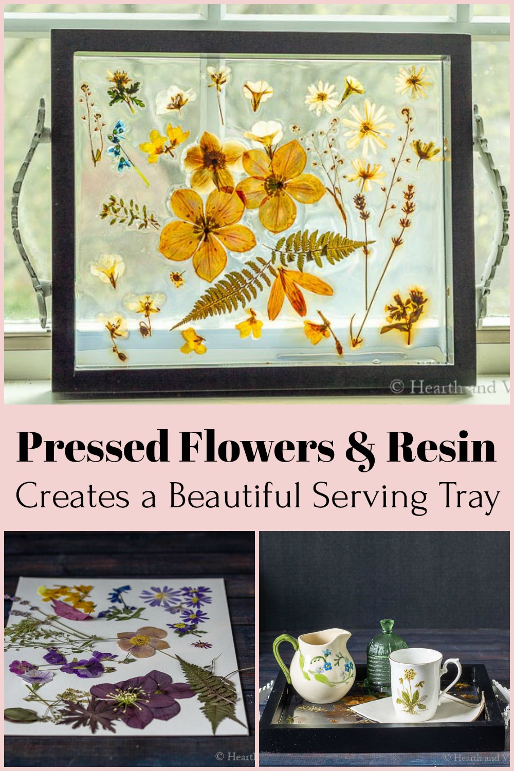 3 images...Pressed flower resin tray, pressed flowers, tea set on tray