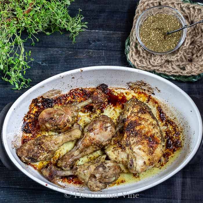 Baked zaatar chicken in casserole dish