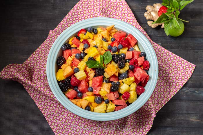 Fruit salad with ginger lime and mint dressing