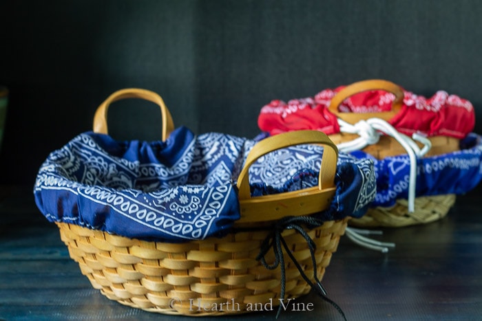 Navy bandana basket liner in large handled basket