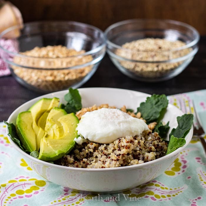 Power grain bowl with quinoa, farro, egg, kale and avocado slices.