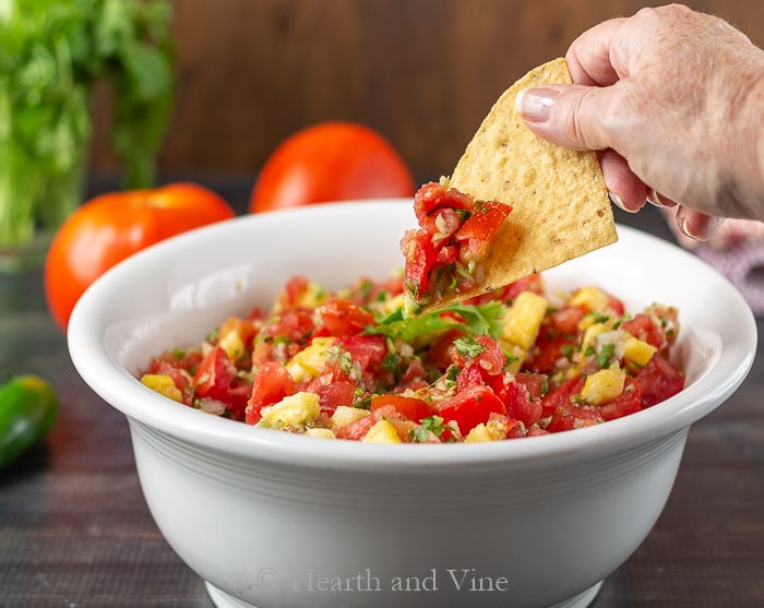 Salsa made with fresh tomatoes and pineapple on chip