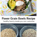 A power grain bowl with quinoa and farro, with kale, avocado and egg. Over a bowl of farro and a bowl of quinoa.