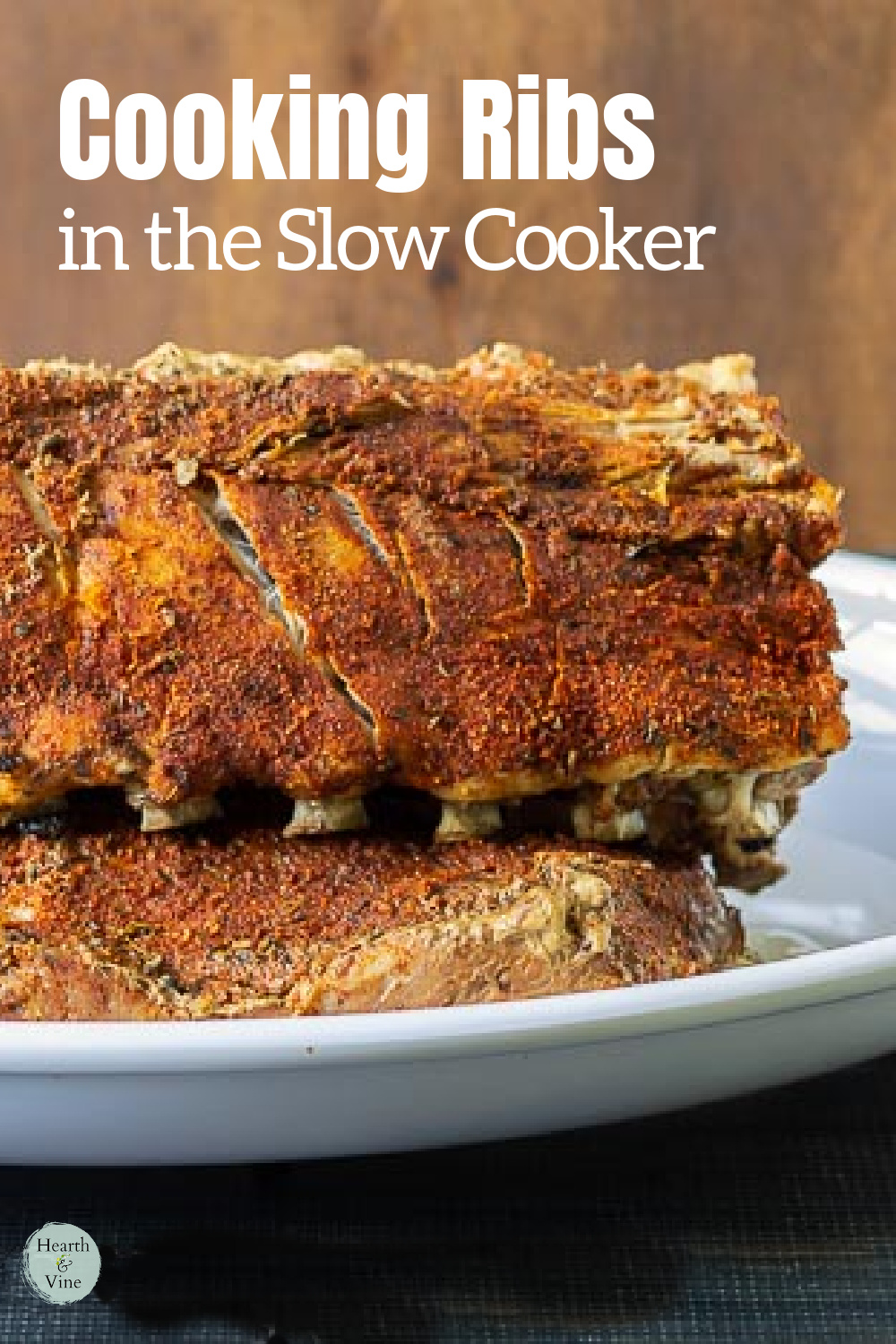 Slabs of slow cooker baby back ribs.