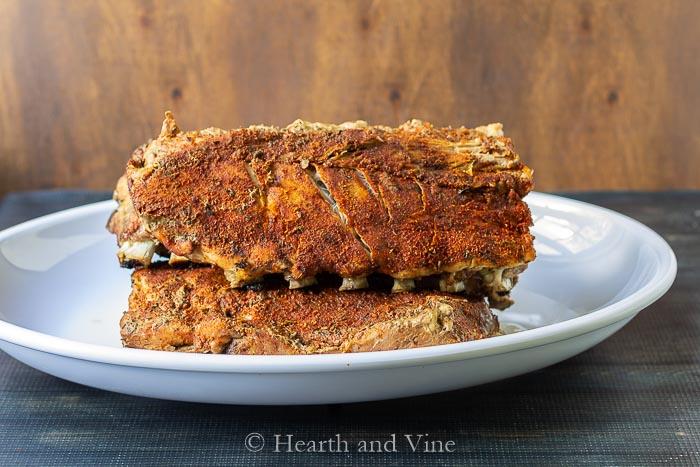 Platter of slow cooker ribs with homemade dry rub seasoning