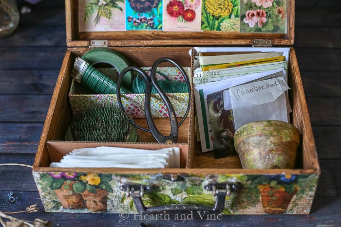 Interior items in vintage flower seed box