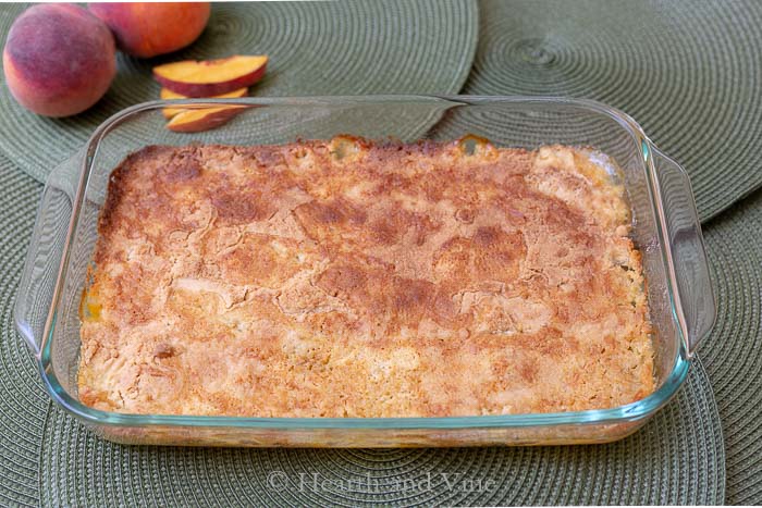 Baked fresh peach dump cake.