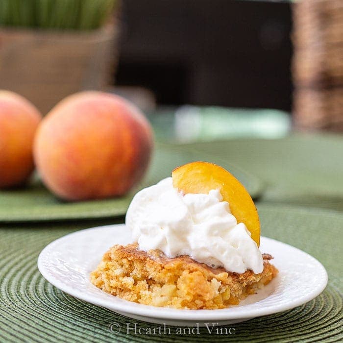 Slice of fresh peach dump cake.