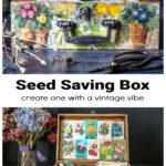 A vintage looking wooden box with floral decoupage over the same box opened showing organized seeds and garden equipment.