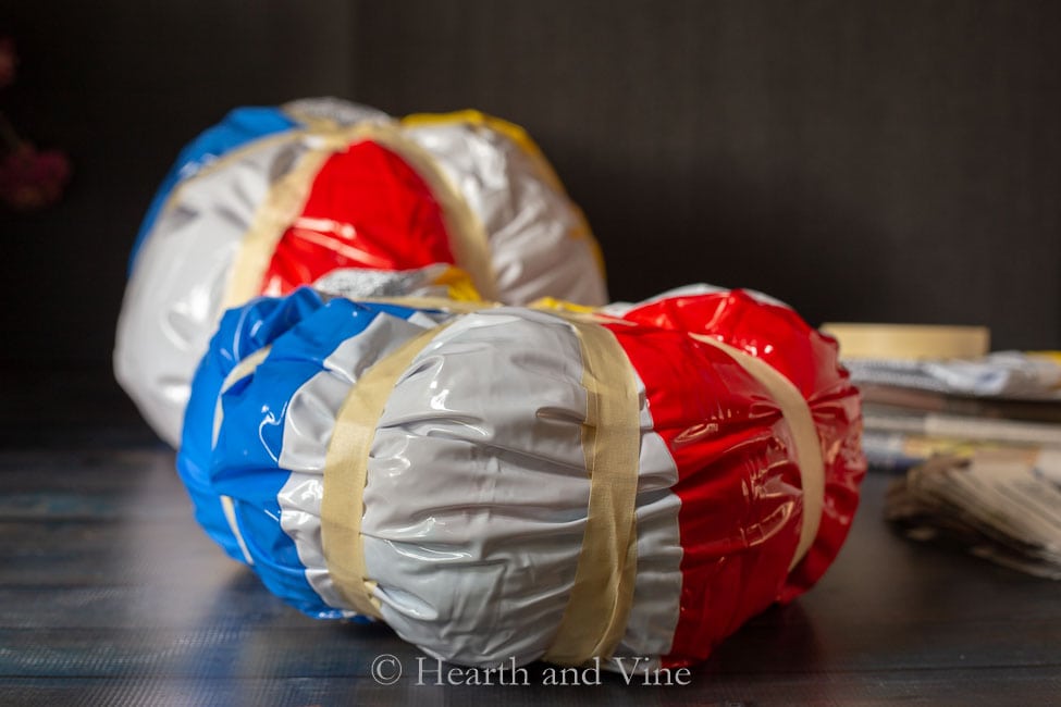 Beach ball taped into pumpkin shape