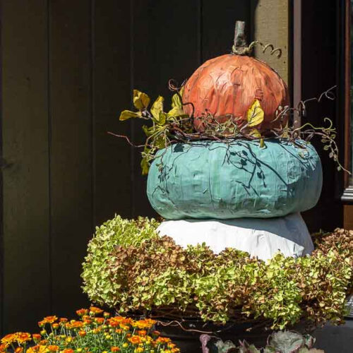 Paper mache pumpkin topiary in heirloom colors with dried hydrangea flowers at the base.