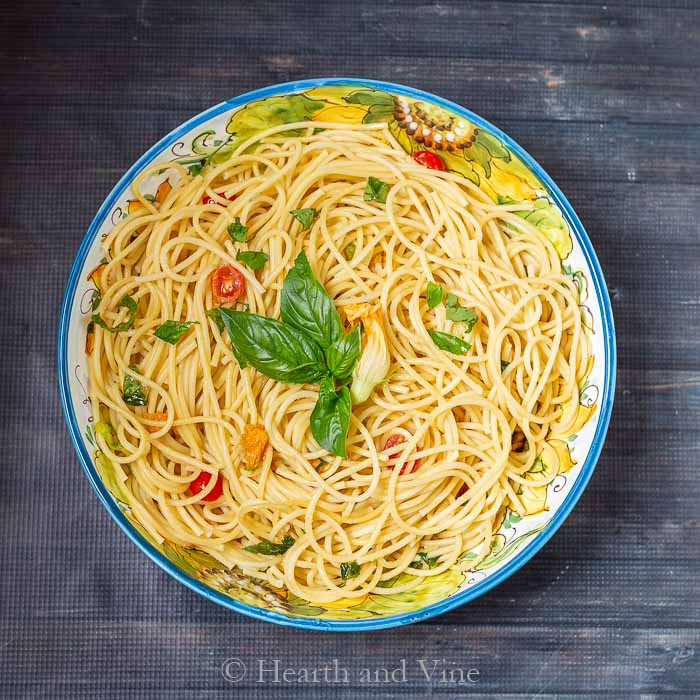 Squash blossom pasta bowl