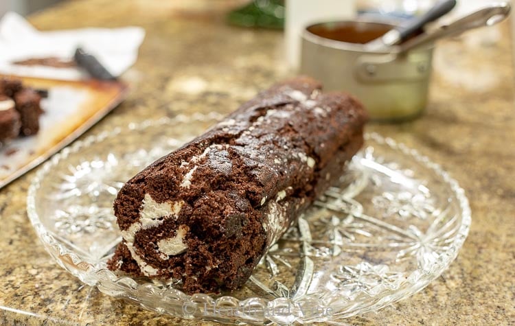 Undecorated yule log on platter