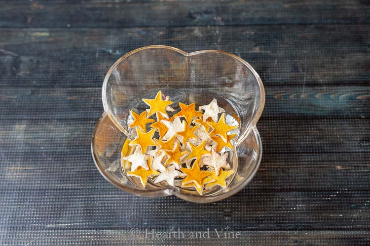 Dried lemon peel stars in water