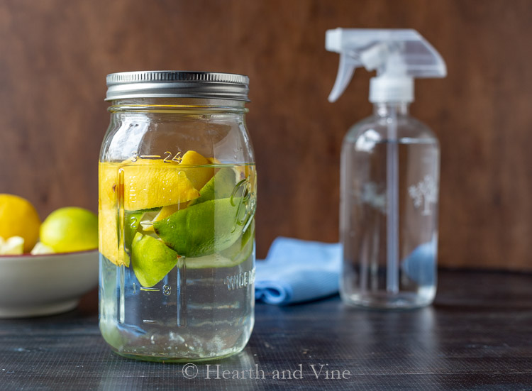 Mason jar with lemon and lime rinds and white vinegar