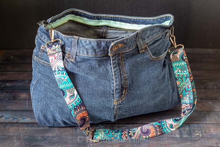 Open denim bag with strap
