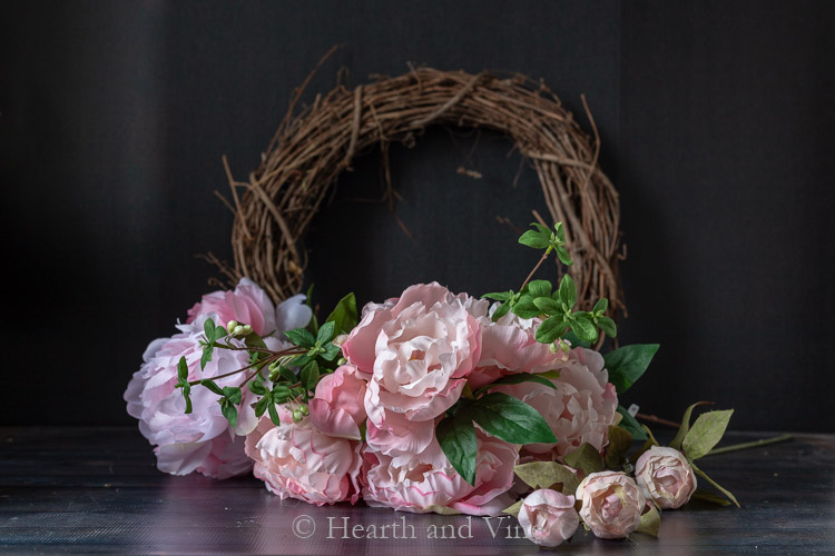 Supplies for spring peony wreath