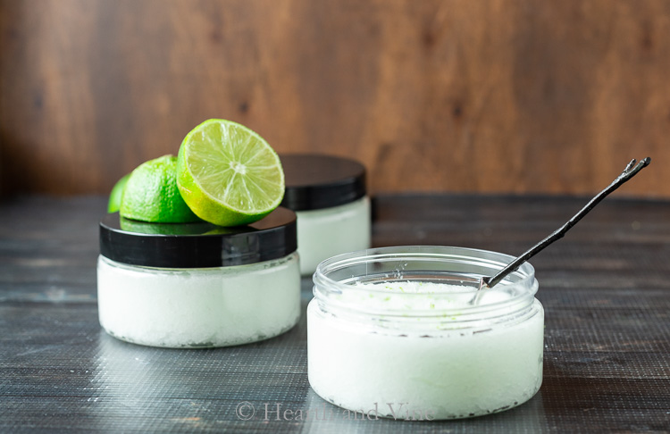 jars of foot scrub and limes