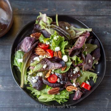 Sweet and spicy balsamic vinaigrette on spring greens