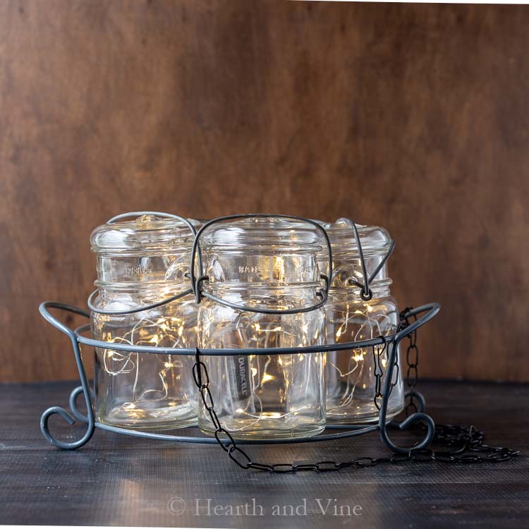 fairy lights in mason jars in basket