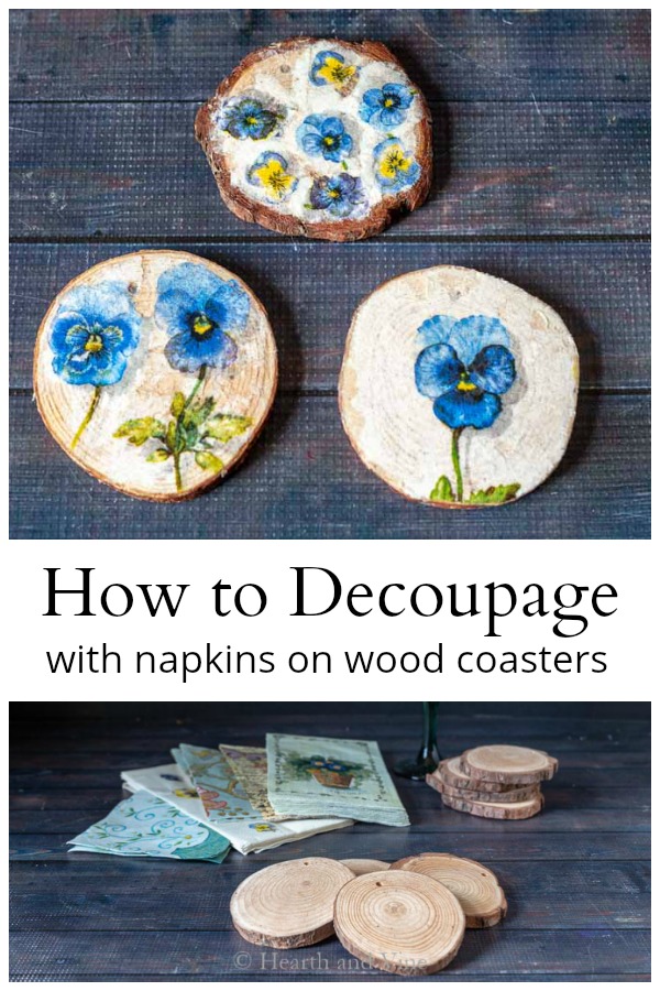 Decoupage Coasters with Wood Slices and Napkins Hearth and Vine