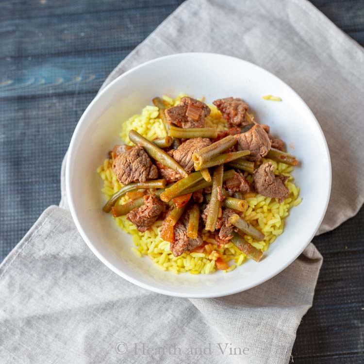 Middle Eastern Lubee - green bean and beef stew over rice