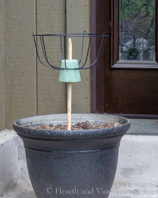 Dowel rod in styrofoam holding basket in pot