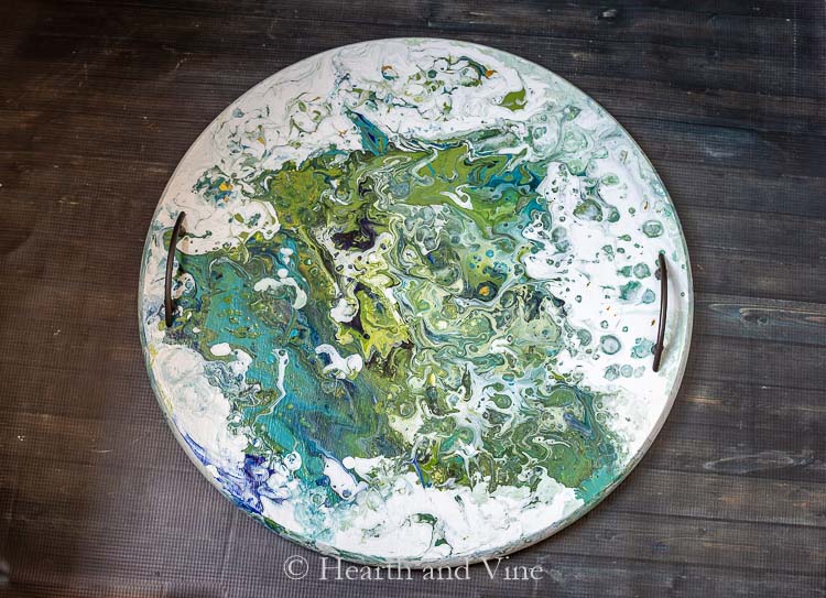 Acrylic pour painting on wood serving tray
