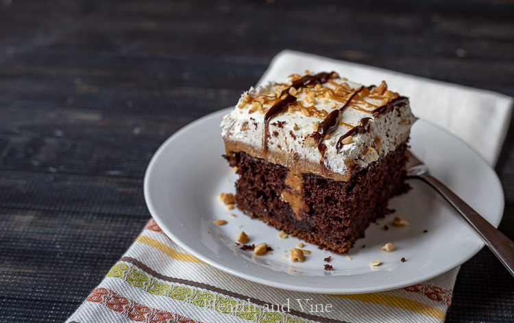 Piece of chocolate peanut butter poke cake