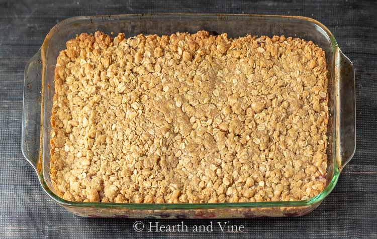 Fully baked triple berry buckle from the oven