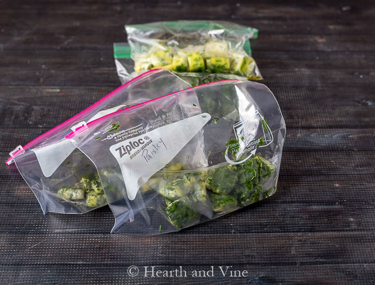 Herb ice cubes in baggies