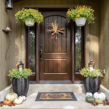 Fall decor with flowers and gourds