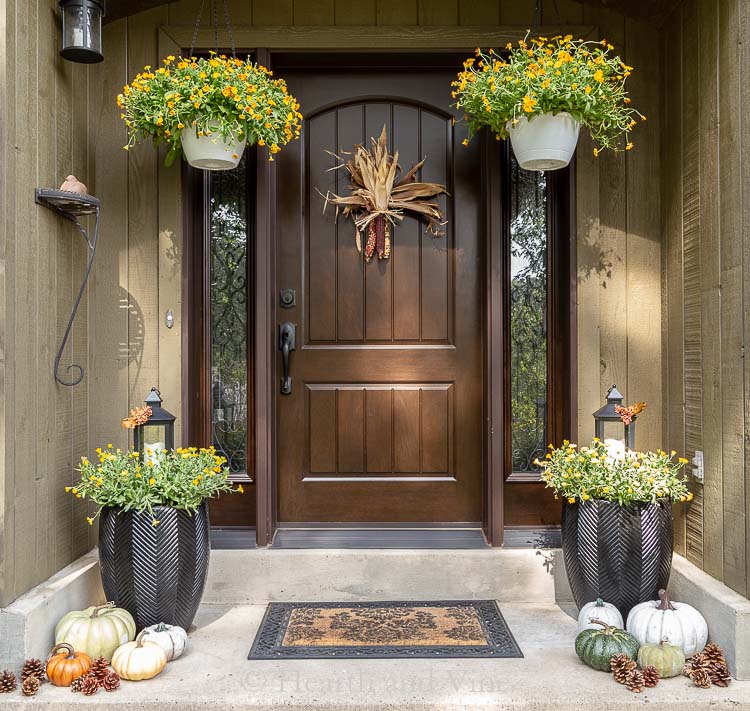 Fall porch decor with flowers and gourds