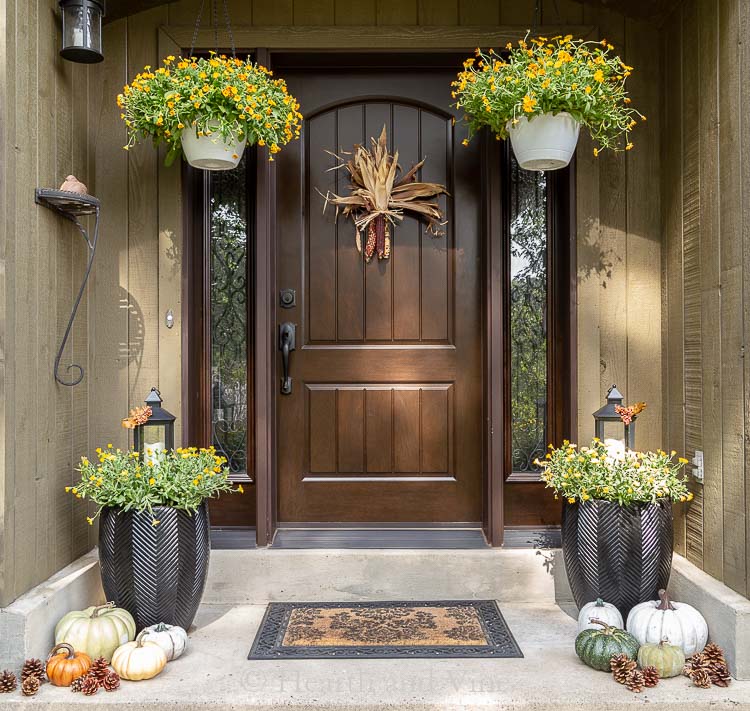 Fall decor with flowers and gourds