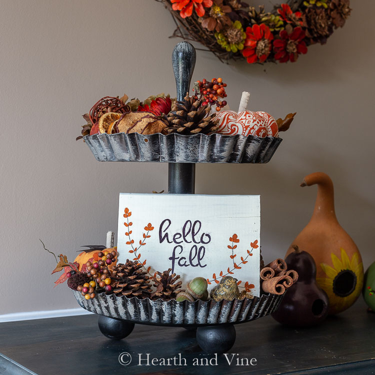 Tiered tray decorated for fall