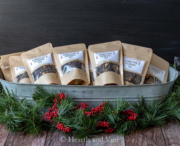Bags of Christmas Morning tea in galvanized container
