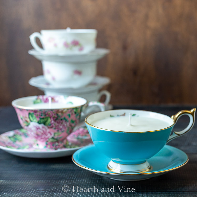 DIY teacup candles - blue, pink floral and rose