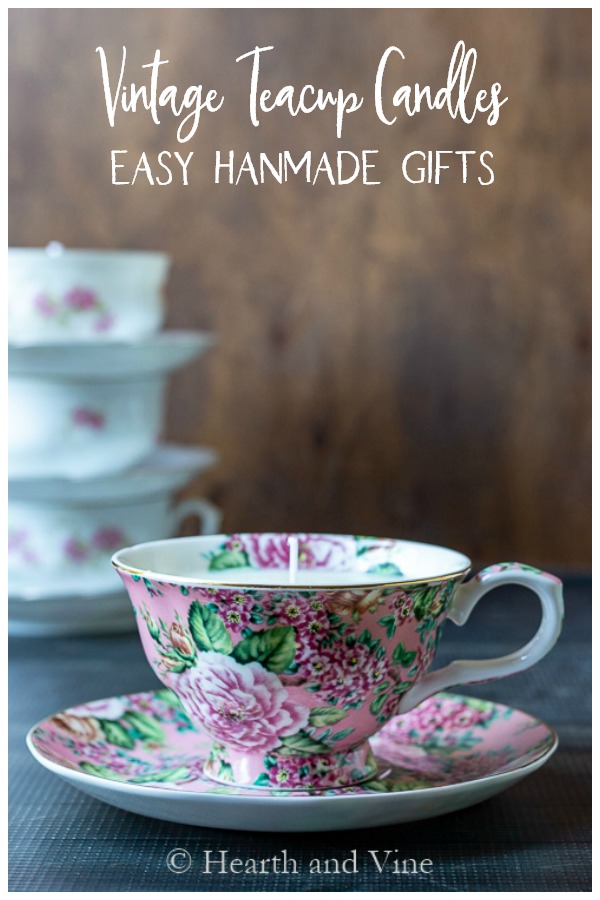 Stack of teacup with floral scented teacup candle in front