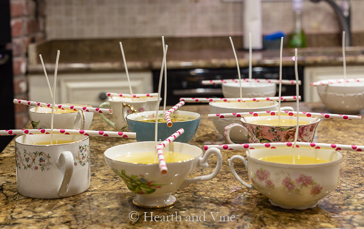 teacup candles drying