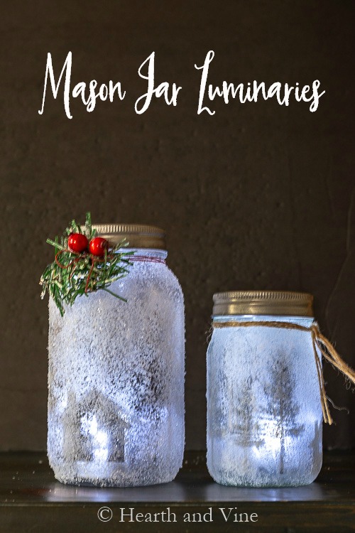 Mason jar lunminaries glowing in dark