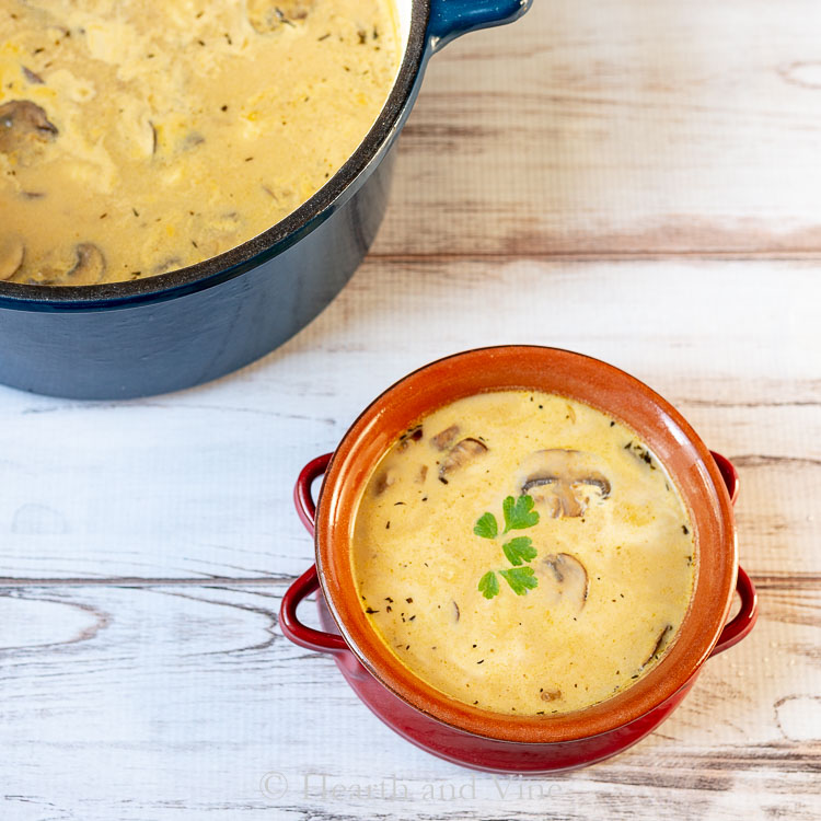 Mushroom soup in red crock with blue pot in back.